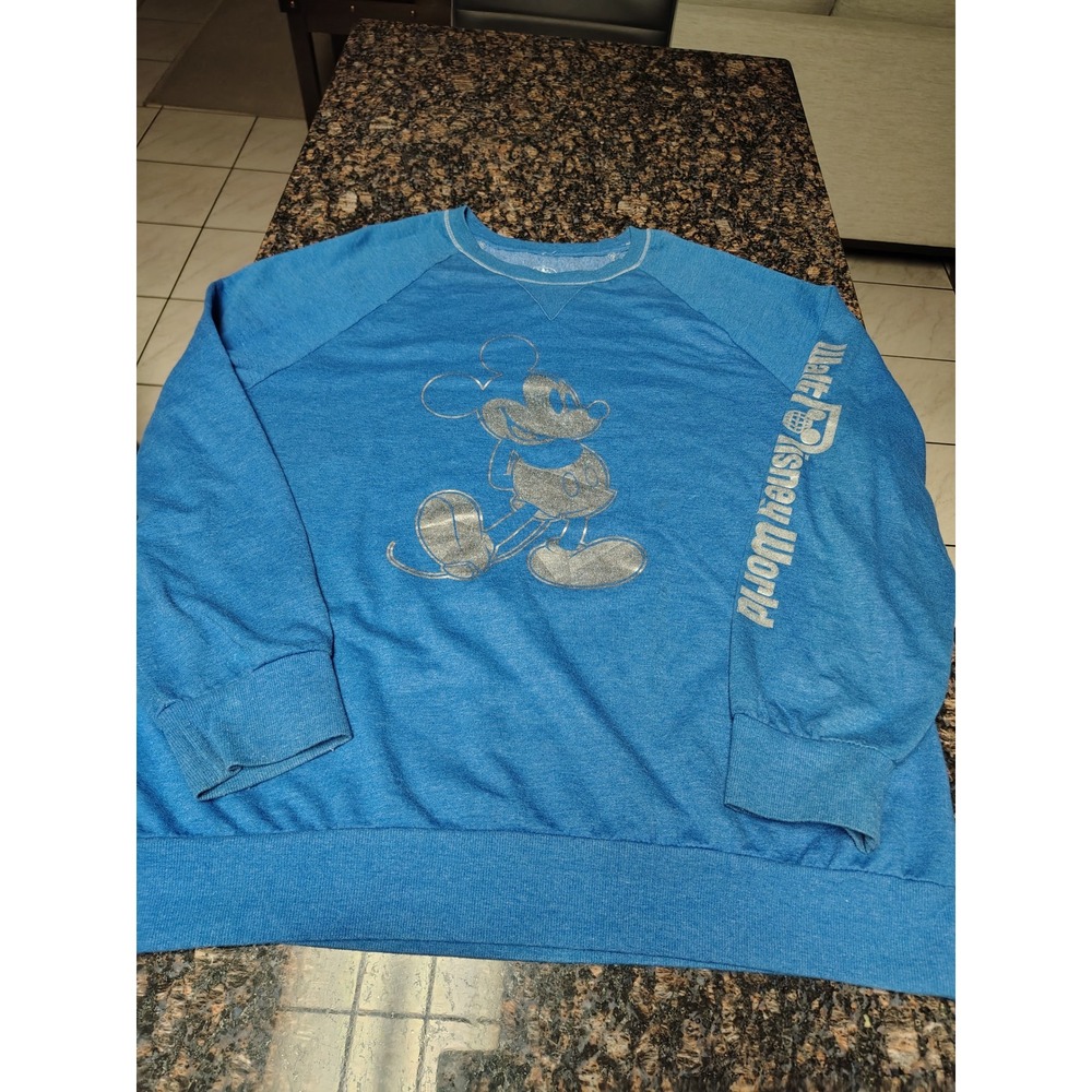 Disney World Mickey Mouse Silver Graphic Raglan Sweatshirt Blue Mens XL